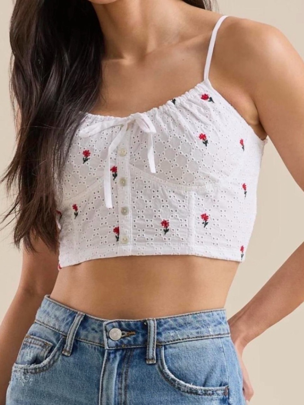 Altar'd State White Eyelet Cropped Cami Red Floral Embroidery S Boho Romantic